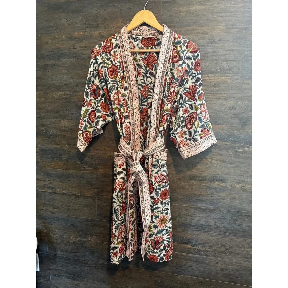 Pottery Barn Floral Block Print Robe Multicolor Cotton Kimono Wrap Belted O/S - Picture 1 of 4